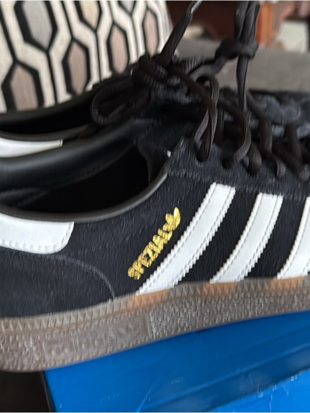 adidas Black Suede Sneakers with White Stripes and Gold Logo